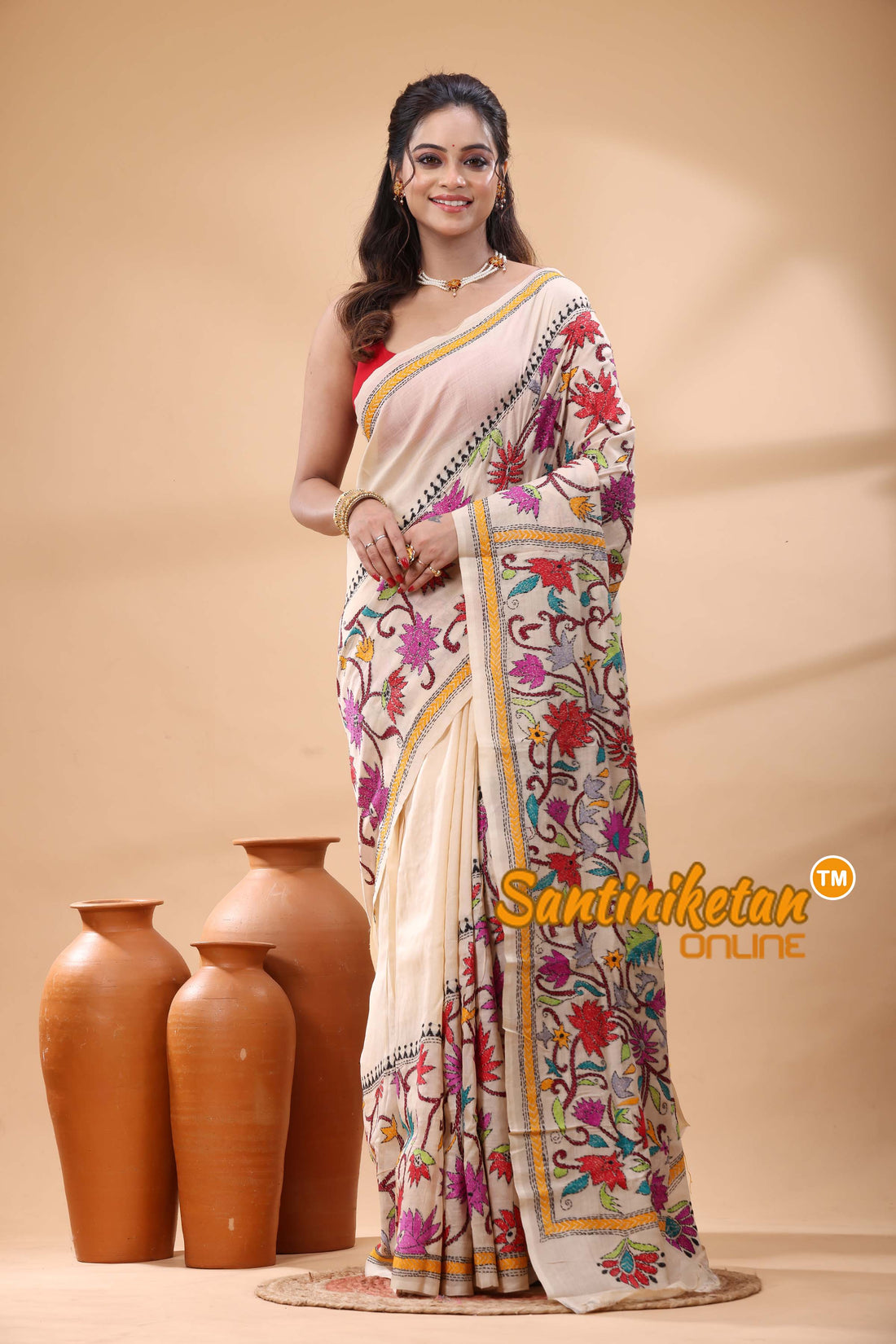 Tussar Silk Kantha Stitch Saree