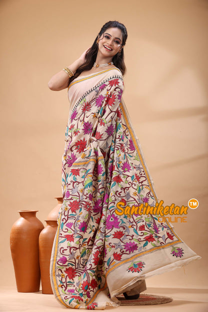 Tussar Silk Kantha Stitch Saree