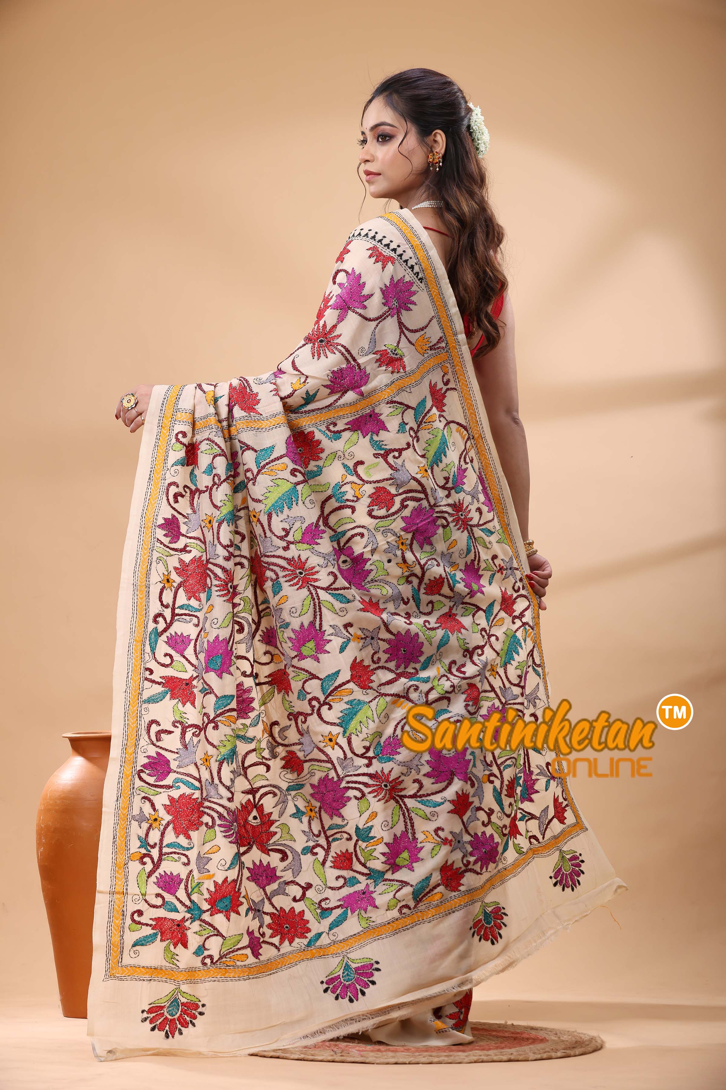 Tussar Silk Kantha Stitch Saree