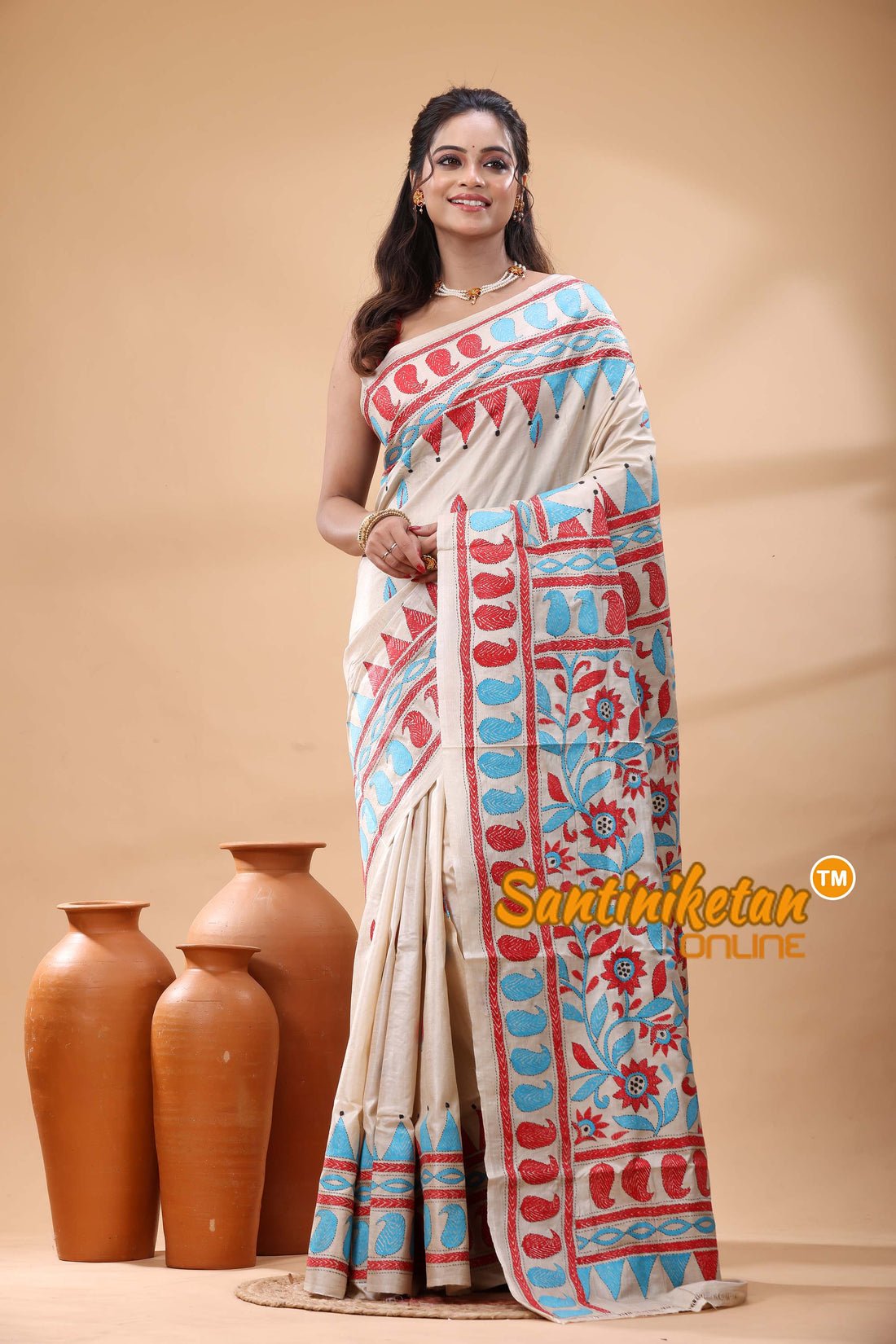 Pure Gachi Tussar Silk Kantha Stitch Saree