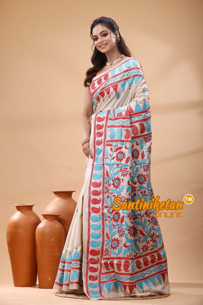 Pure Gachi Tussar Silk Kantha Stitch Saree