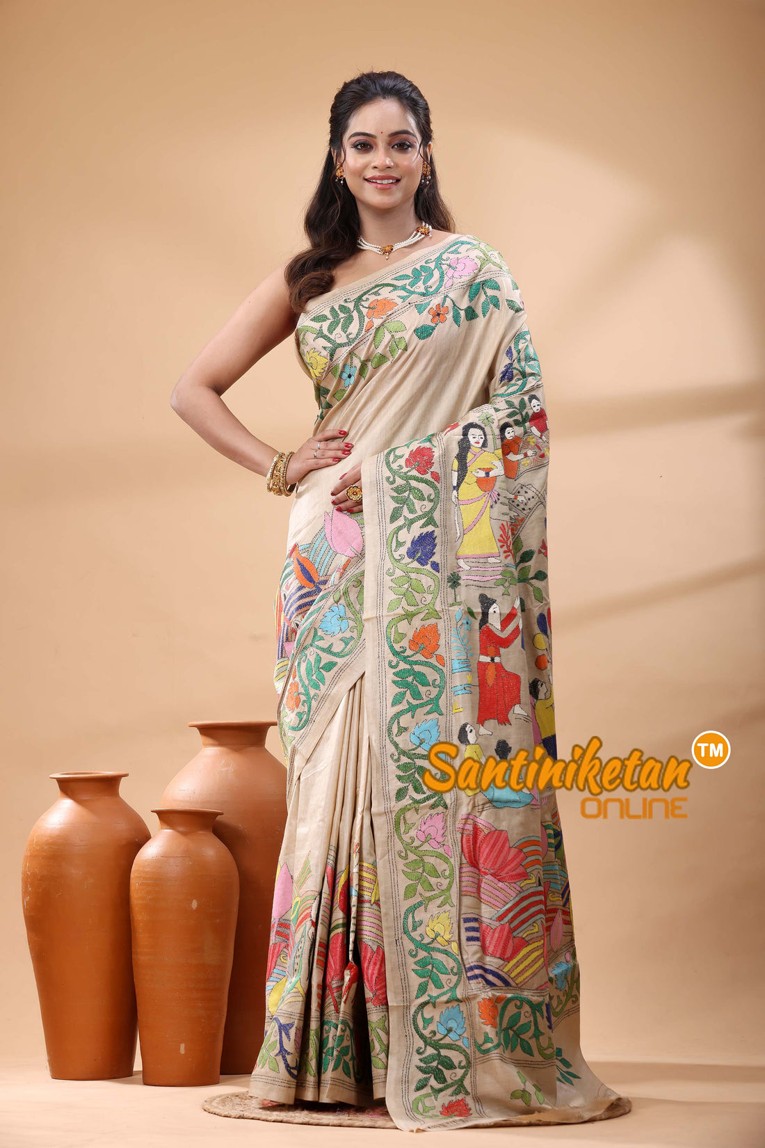 Pure Gachi Tussar Silk Kantha Stitch Saree