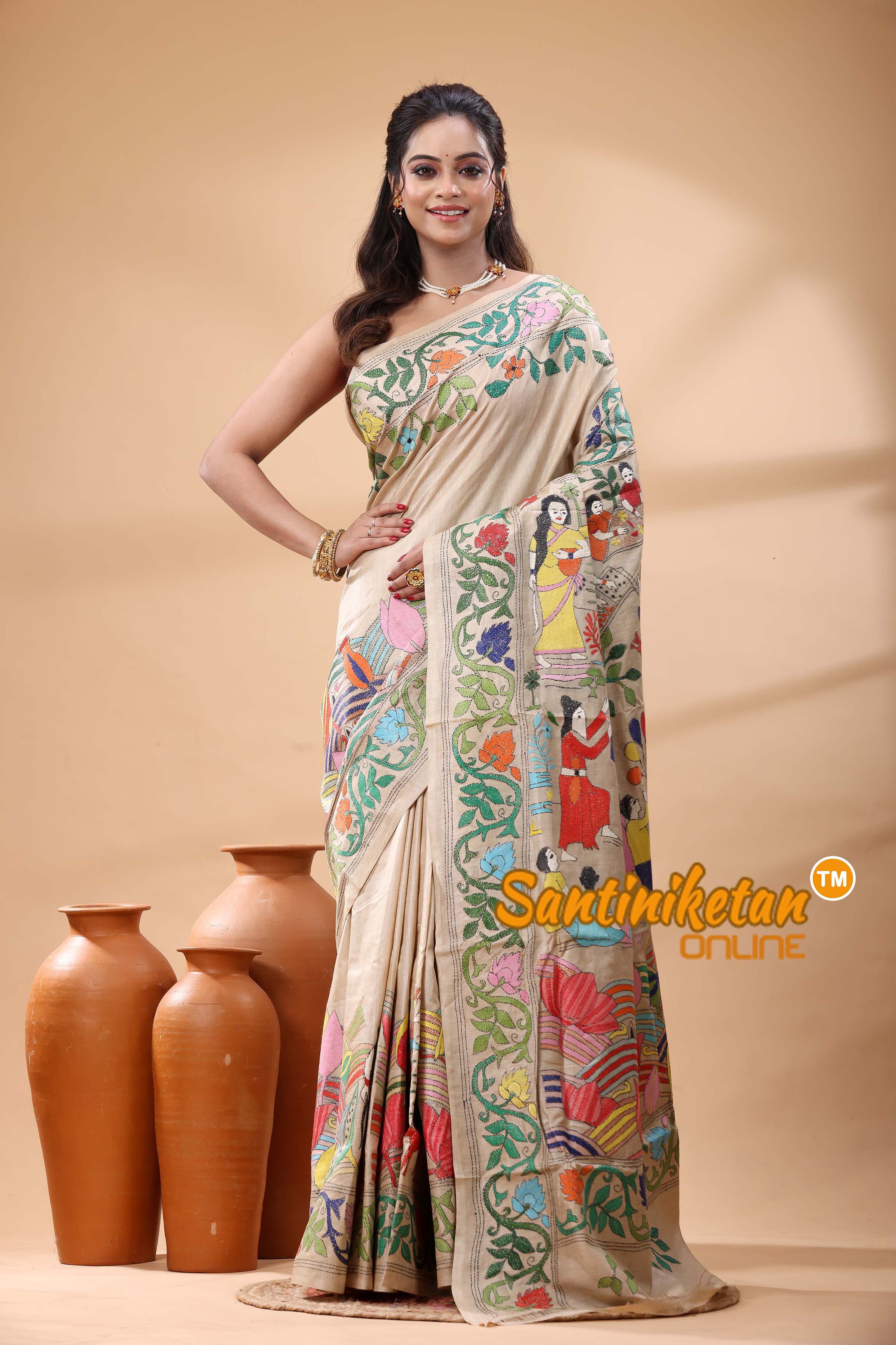 Pure Gachi Tussar Silk Kantha Stitch Saree