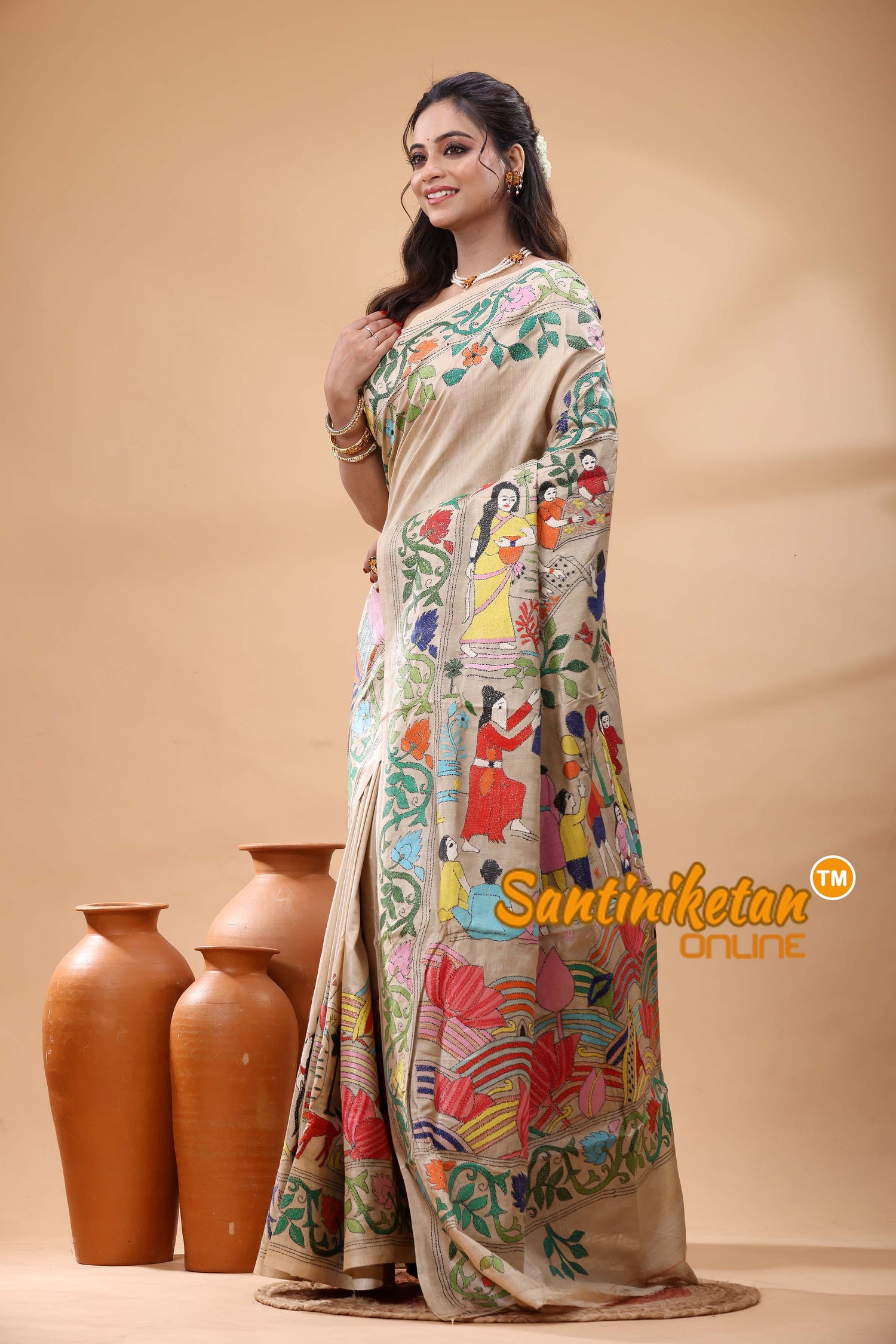 Pure Gachi Tussar Silk Kantha Stitch Saree