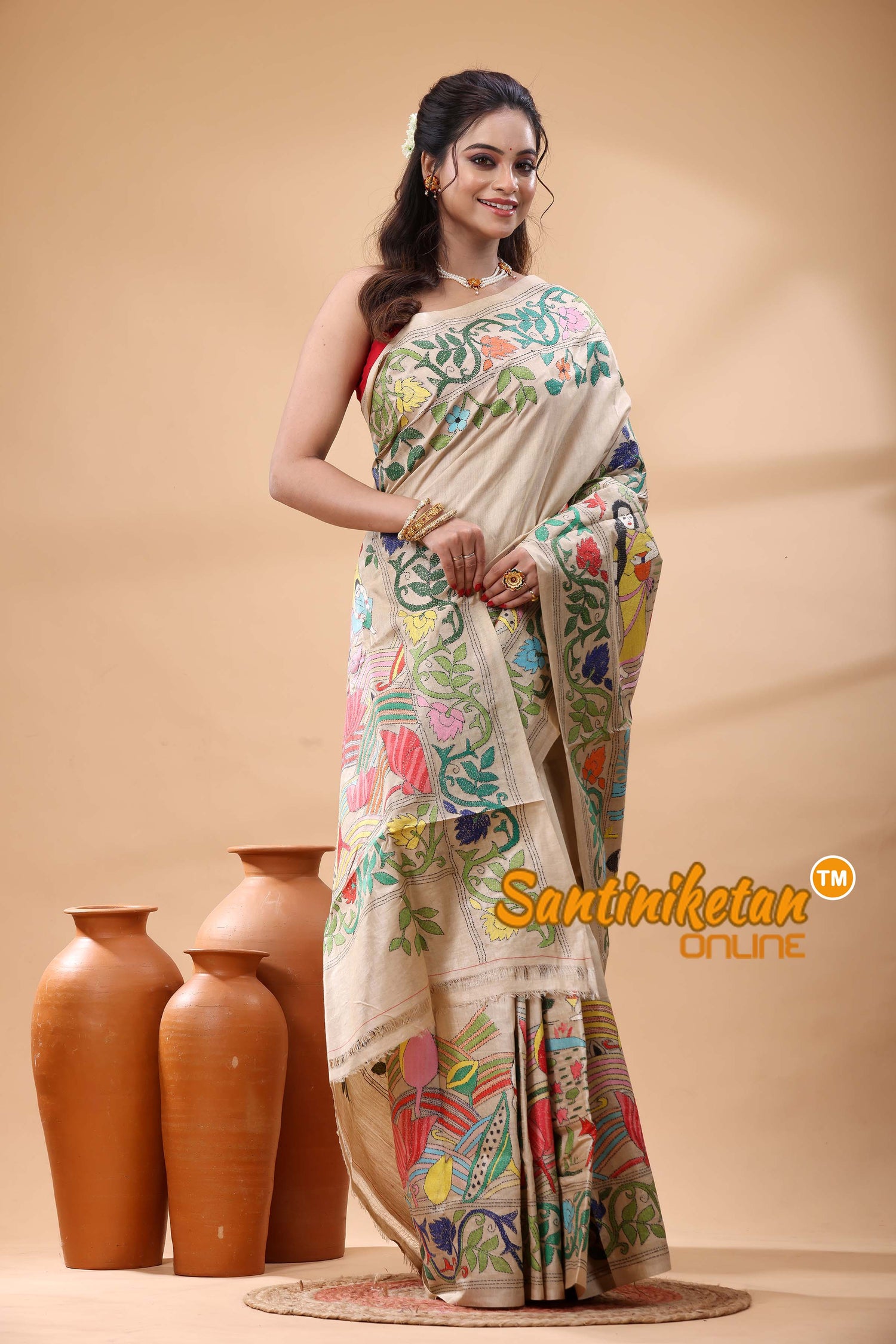 Pure Gachi Tussar Silk Kantha Stitch Saree