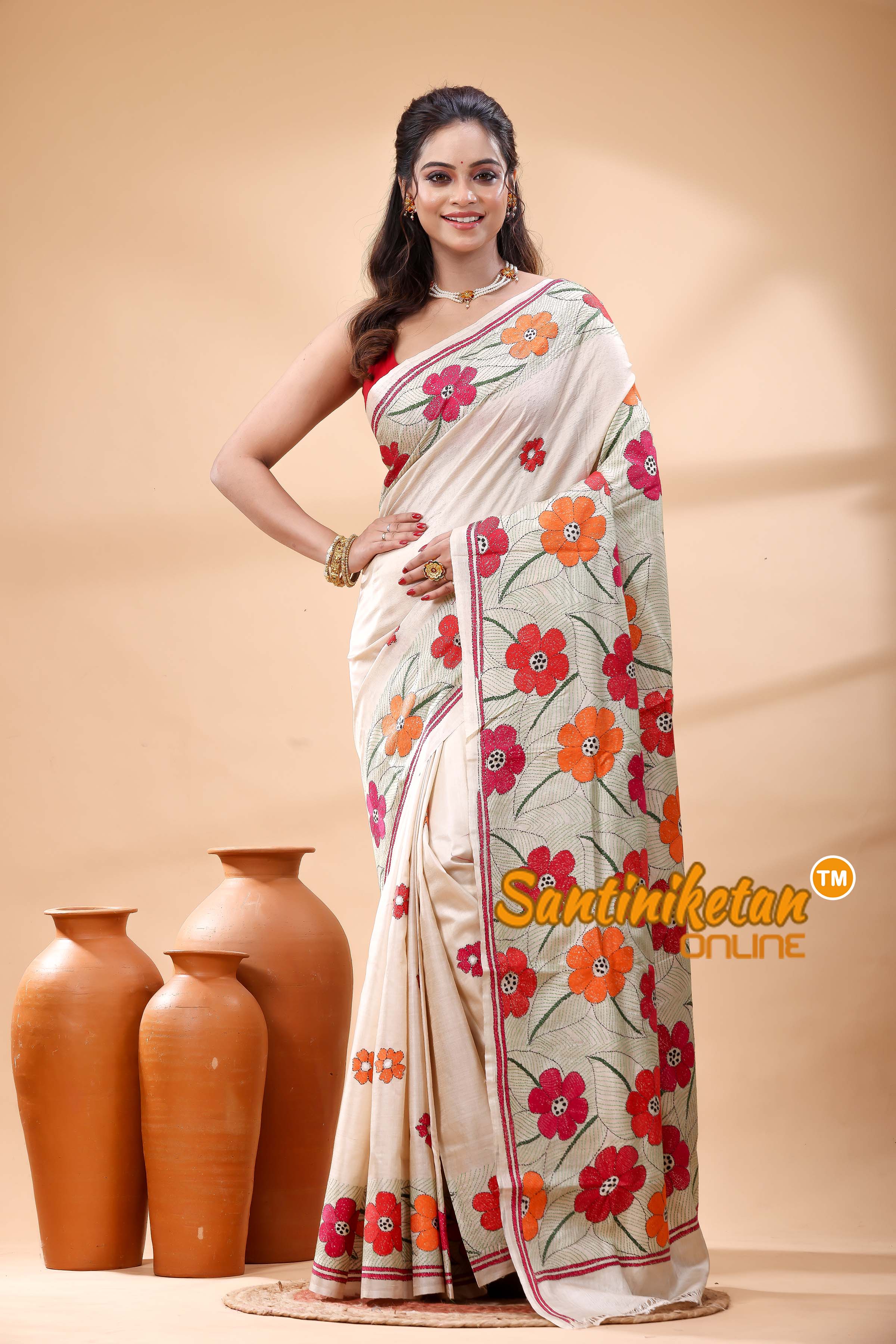 Pure Gachi Tussar Silk Kantha Stitch Saree