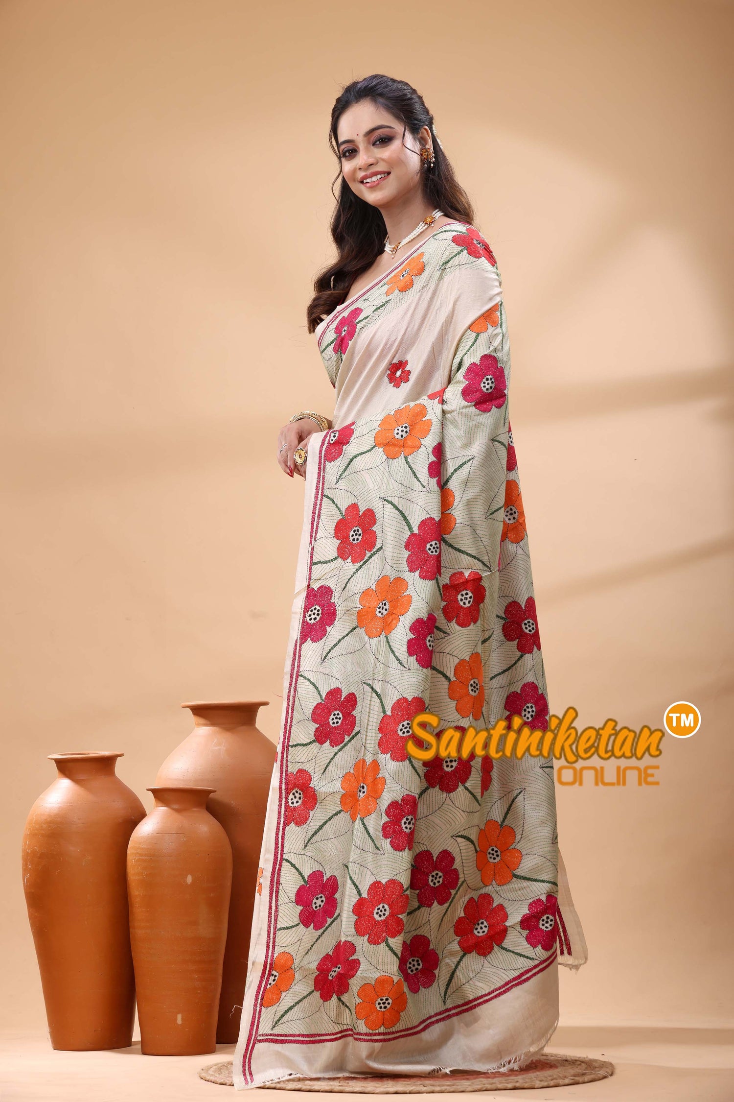 Pure Gachi Tussar Silk Kantha Stitch Saree