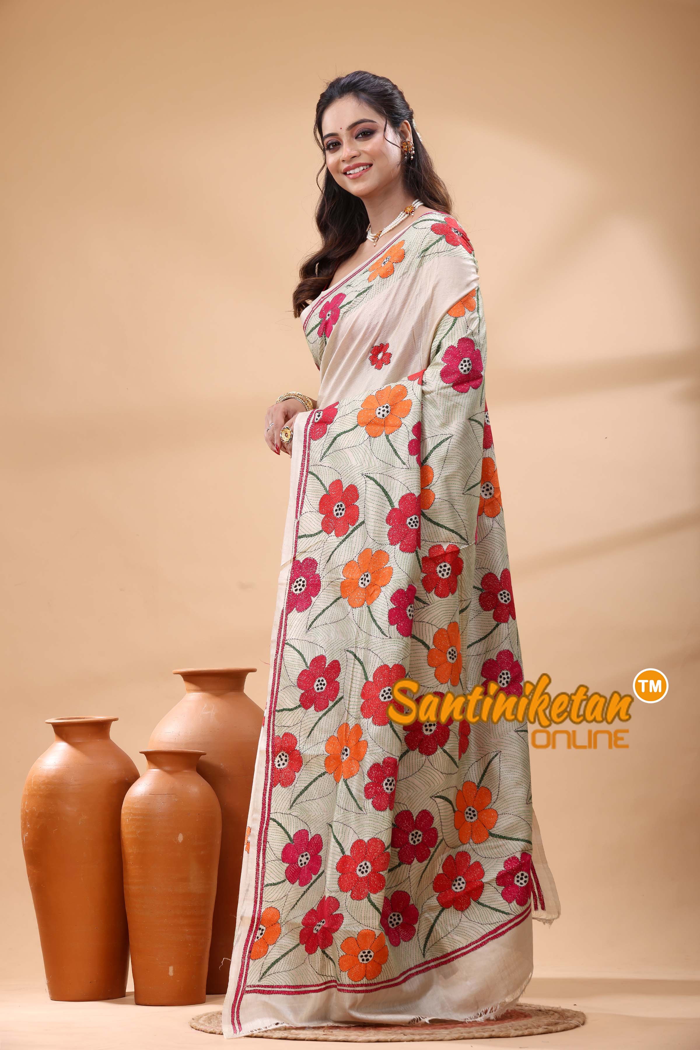 Pure Gachi Tussar Silk Kantha Stitch Saree
