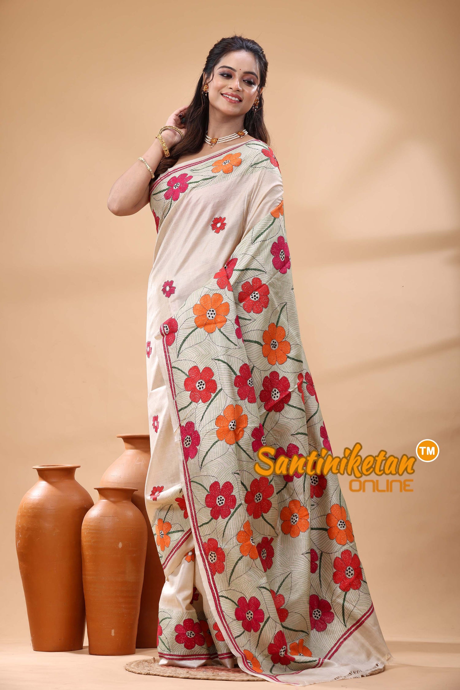 Pure Gachi Tussar Silk Kantha Stitch Saree