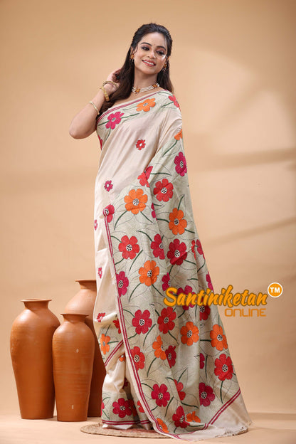 Pure Gachi Tussar Silk Kantha Stitch Saree