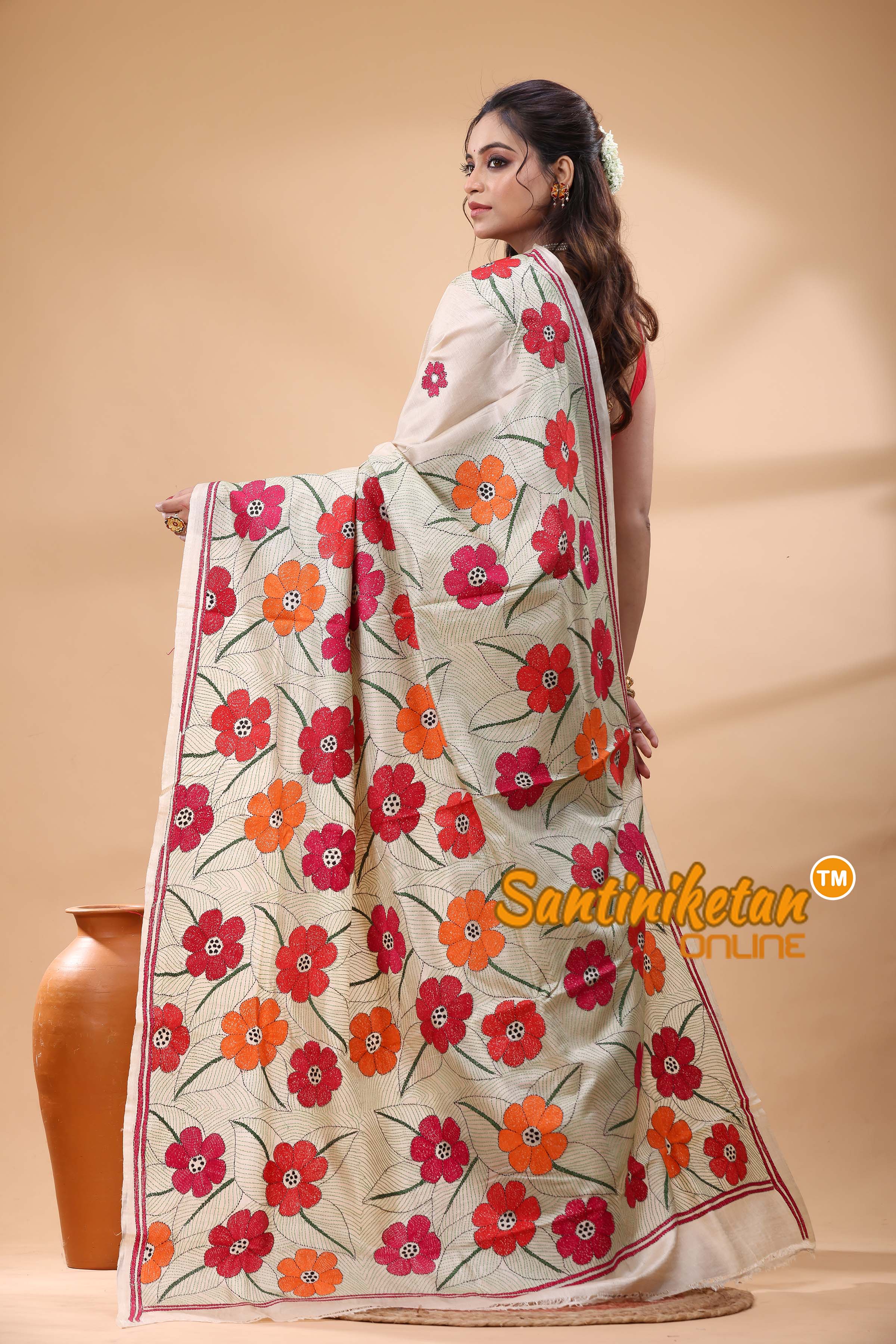 Pure Gachi Tussar Silk Kantha Stitch Saree