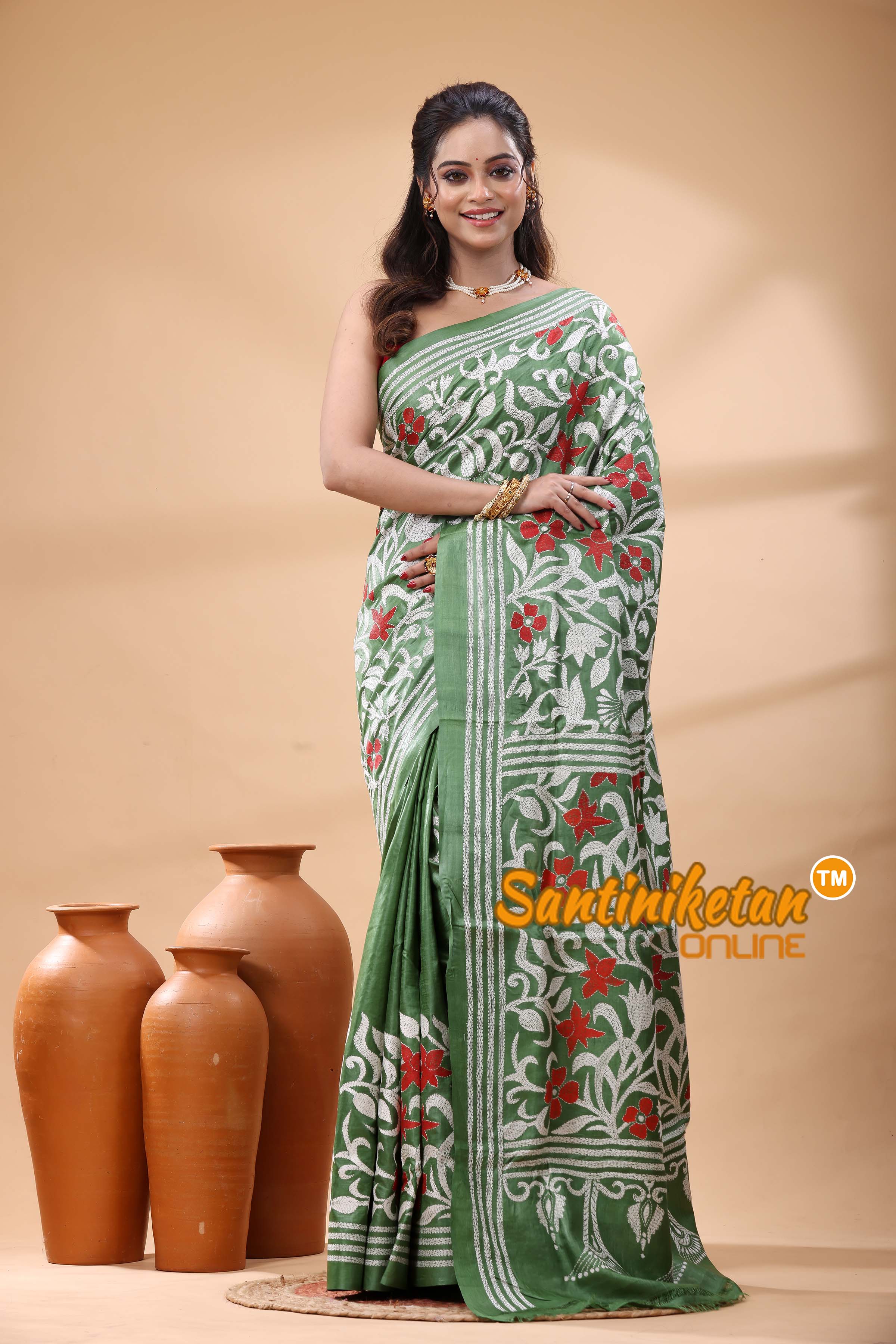 Pure Gachi Dye Tussar Silk Kantha Stitch Saree