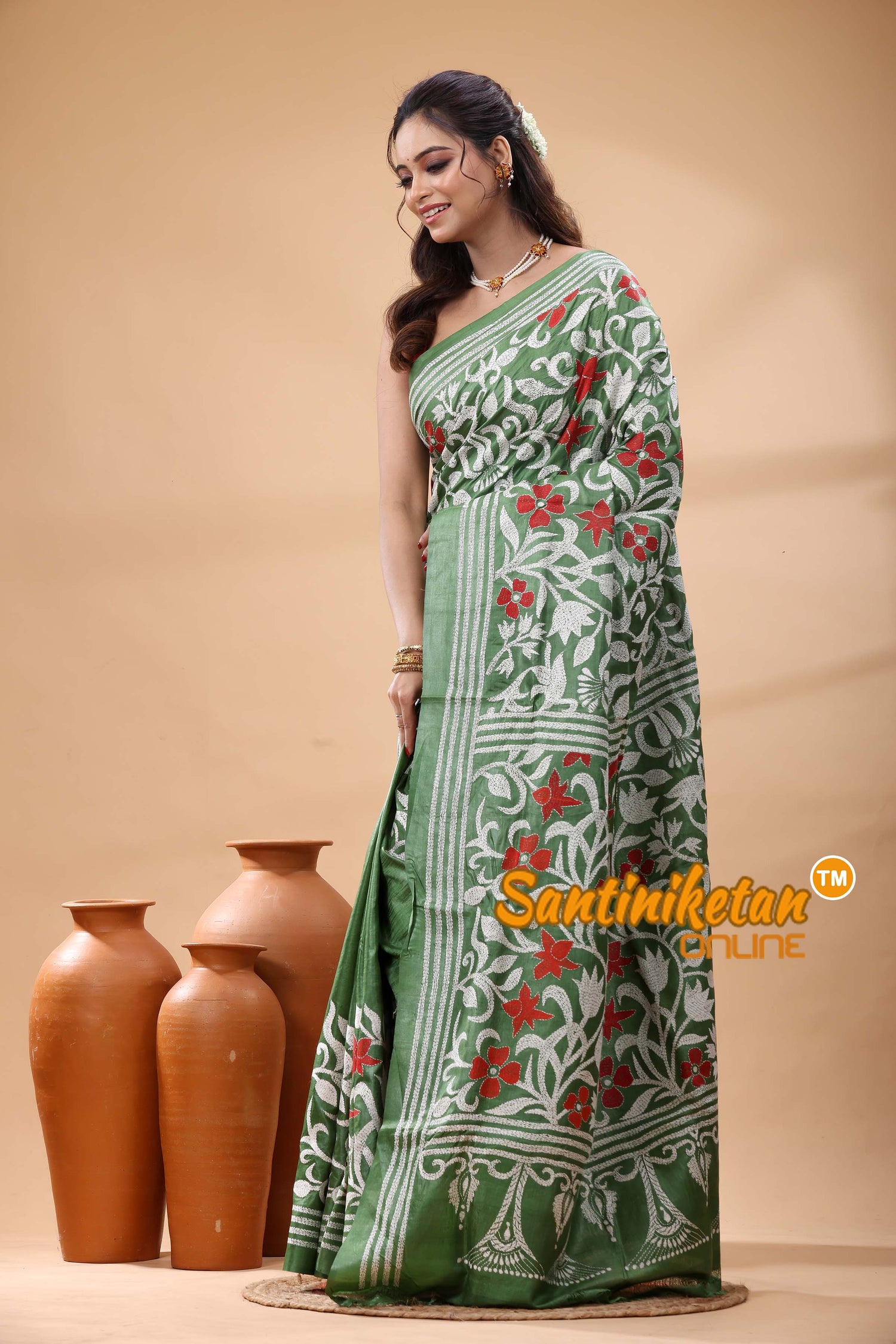 Pure Gachi Dye Tussar Silk Kantha Stitch Saree