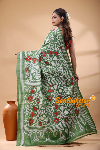 Pure Gachi Dye Tussar Silk Kantha Stitch Saree