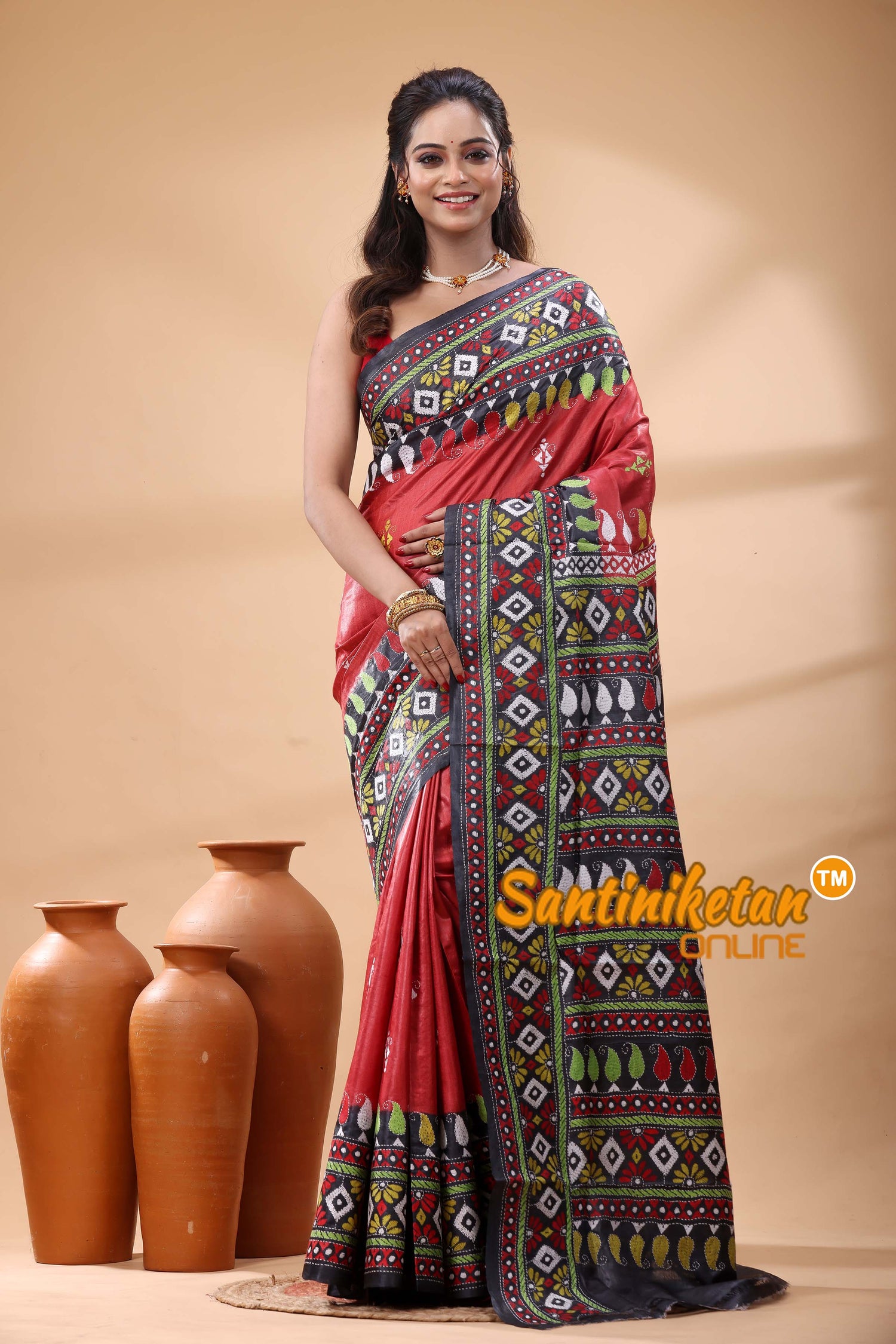 Pure Gachi Dye Tussar Silk Kantha Stitch Saree