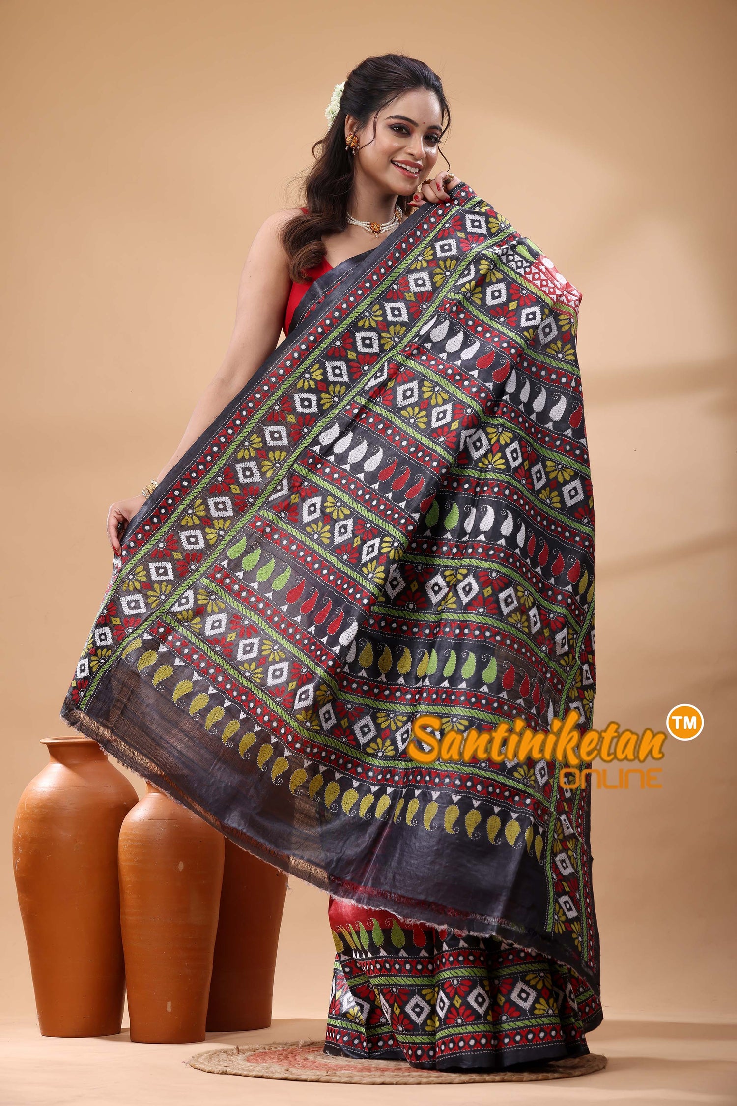 Pure Gachi Dye Tussar Silk Kantha Stitch Saree