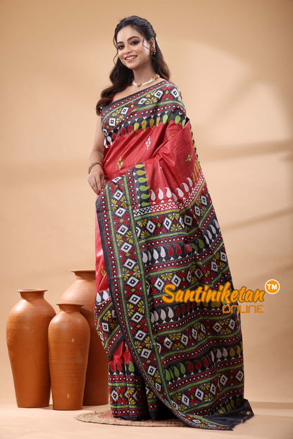 Pure Gachi Dye Tussar Silk Kantha Stitch Saree