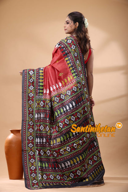 Pure Gachi Dye Tussar Silk Kantha Stitch Saree