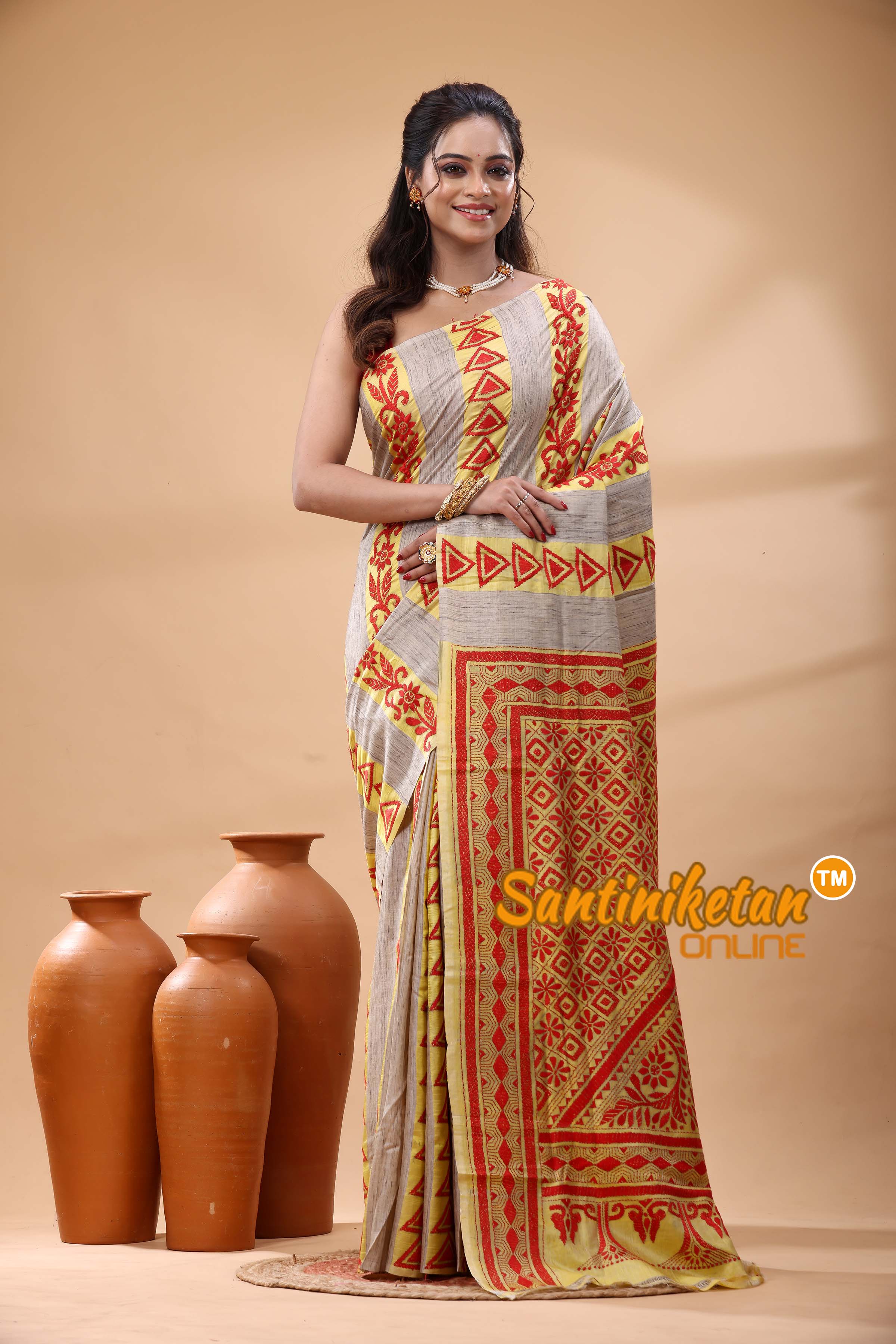 Bishnupuri (Katan) Silk Kantha Stitch Saree