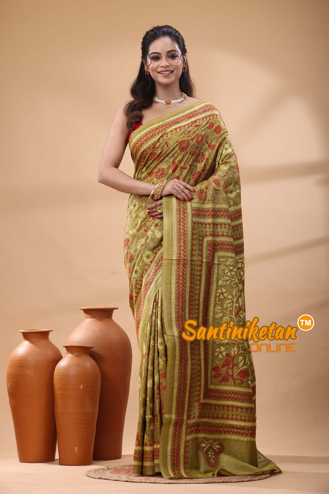 Pure Gachi Dye Tussar Silk Kantha Stitch Saree