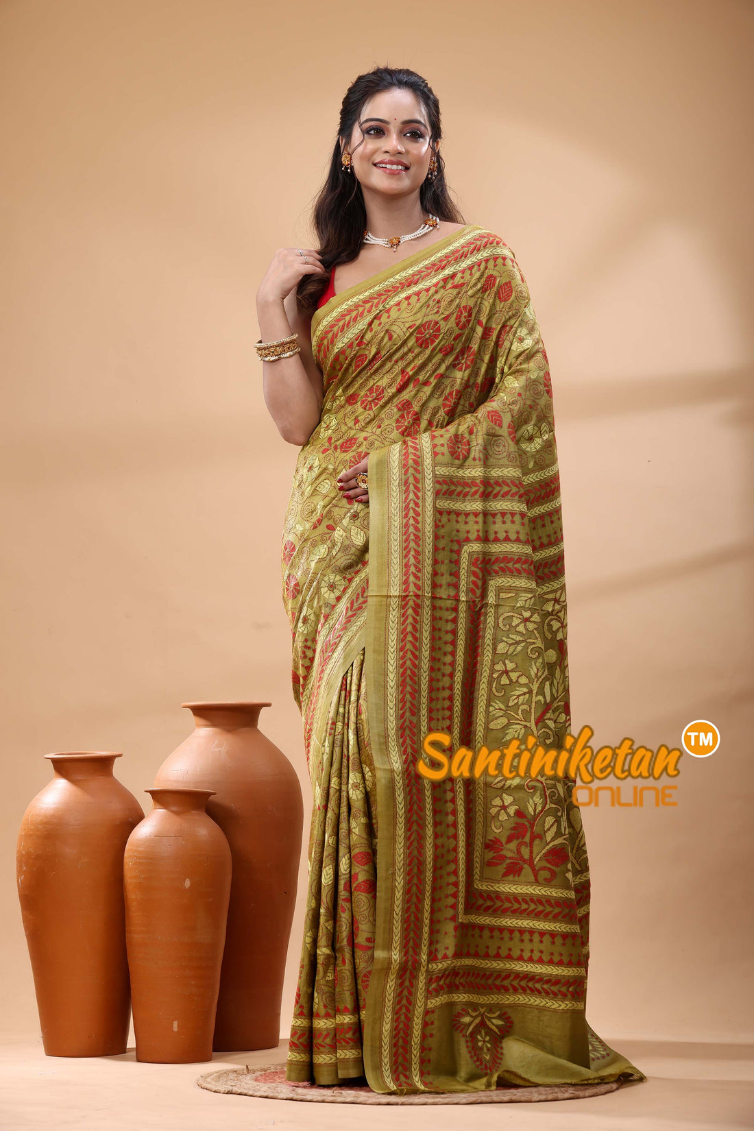 Pure Gachi Dye Tussar Silk Kantha Stitch Saree