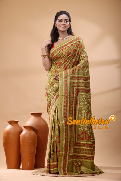 Pure Gachi Dye Tussar Silk Kantha Stitch Saree