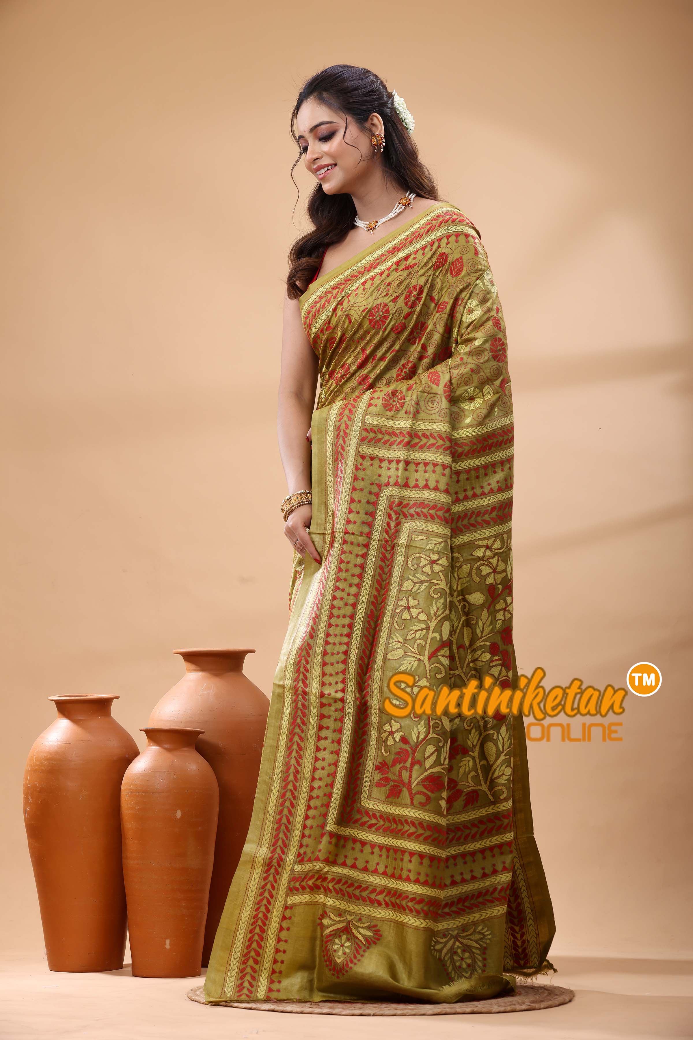 Pure Gachi Dye Tussar Silk Kantha Stitch Saree