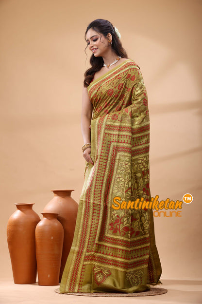 Pure Gachi Dye Tussar Silk Kantha Stitch Saree