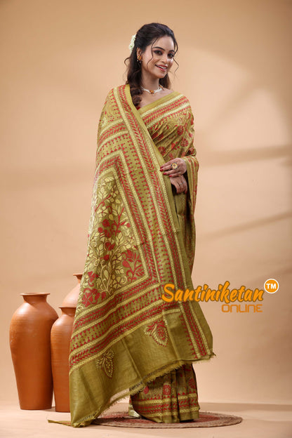 Pure Gachi Dye Tussar Silk Kantha Stitch Saree