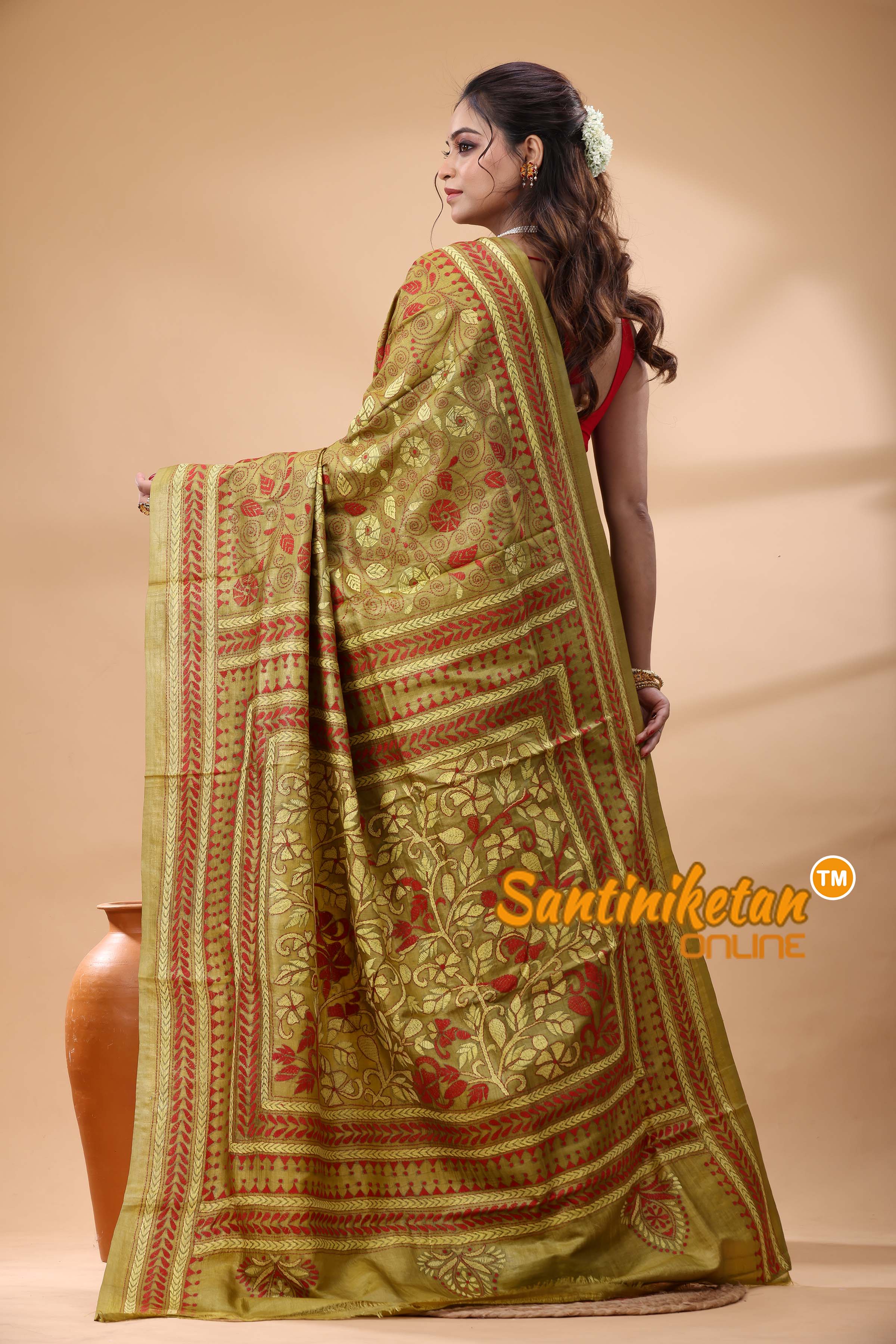 Pure Gachi Dye Tussar Silk Kantha Stitch Saree