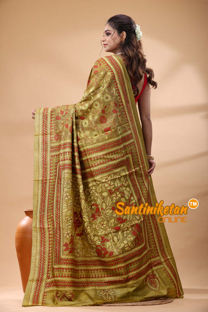 Pure Gachi Dye Tussar Silk Kantha Stitch Saree