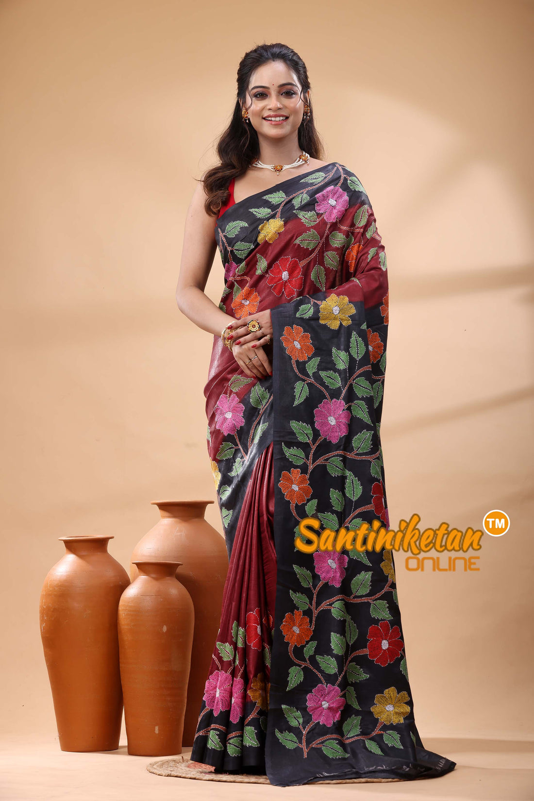 Pure Gachi Dye Tussar Silk Kantha Stitch Saree
