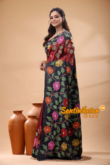 Pure Gachi Dye Tussar Silk Kantha Stitch Saree