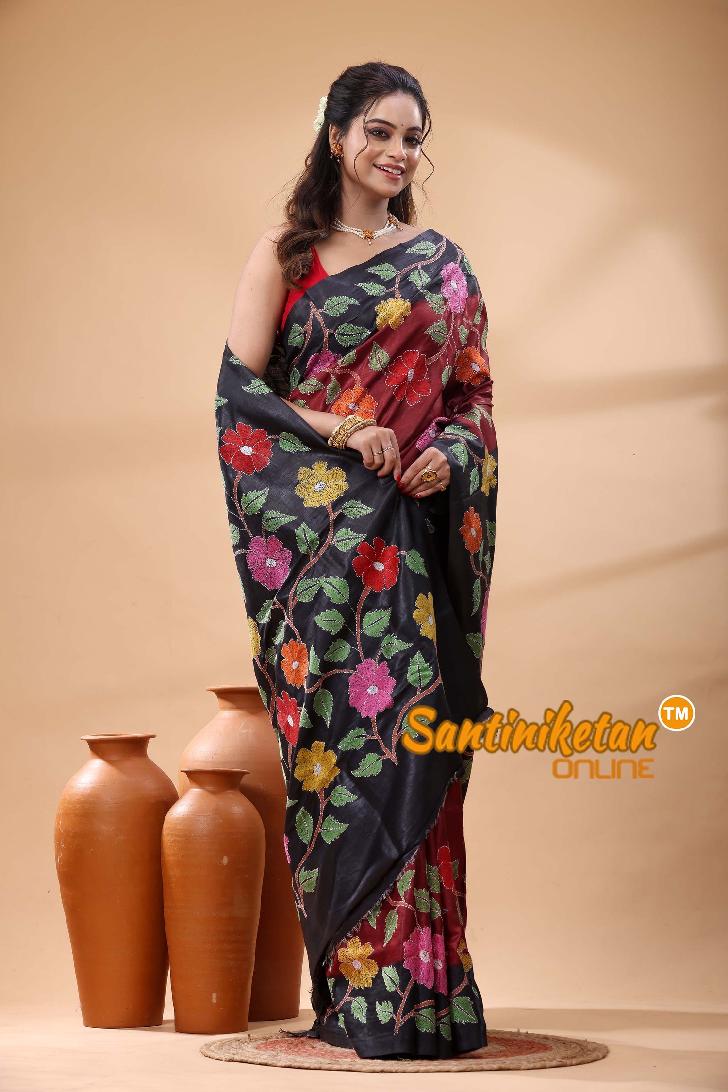 Pure Gachi Dye Tussar Silk Kantha Stitch Saree