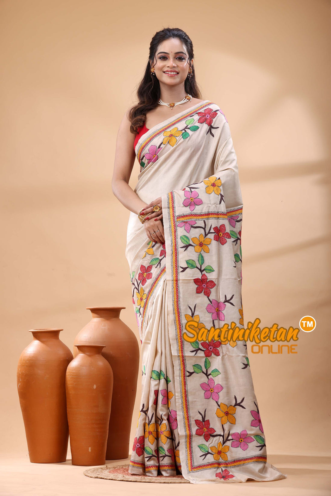 Pure Gachi Tussar Silk Kantha Stitch Saree