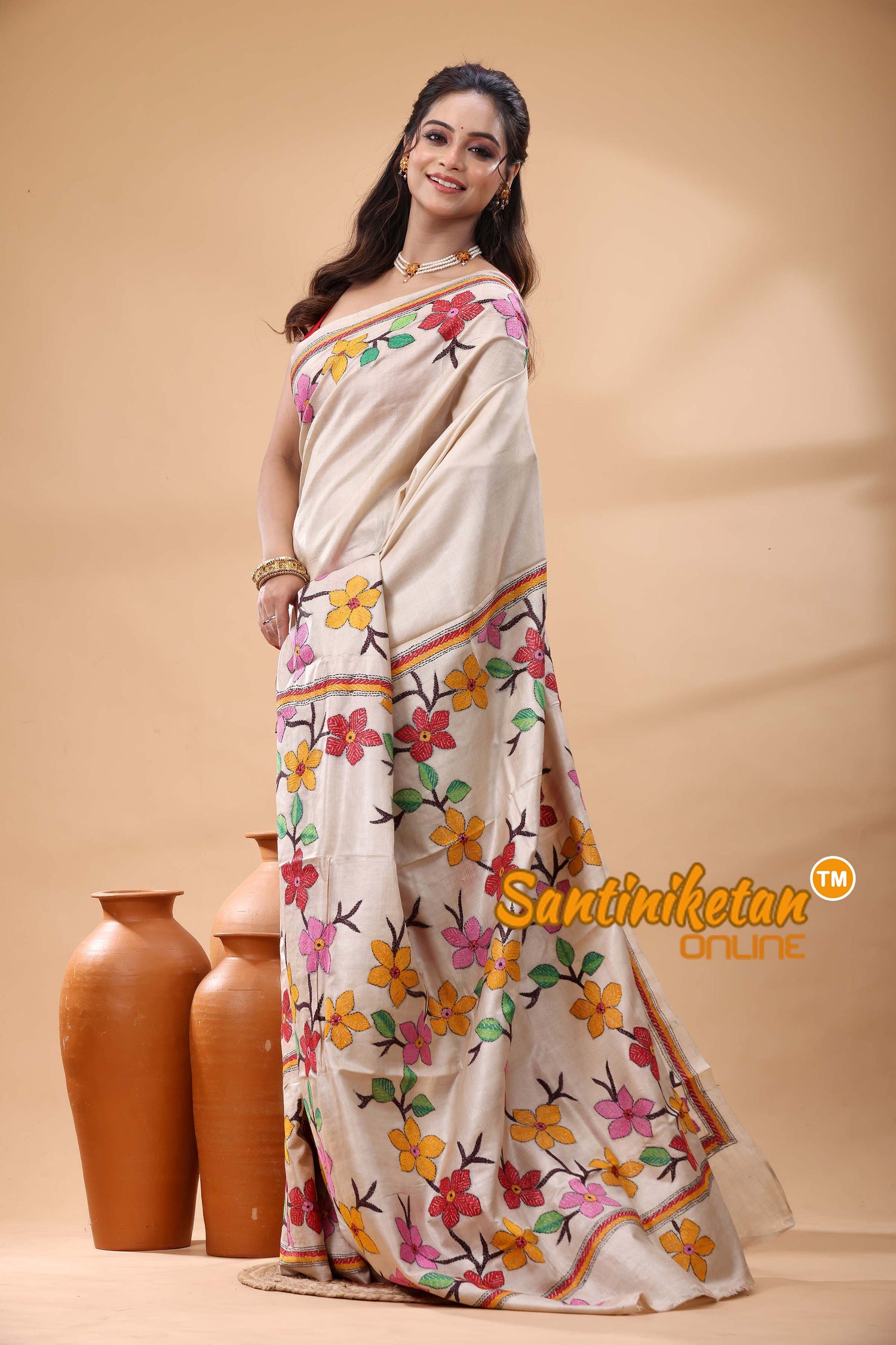 Pure Gachi Tussar Silk Kantha Stitch Saree