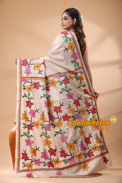 Pure Gachi Tussar Silk Kantha Stitch Saree