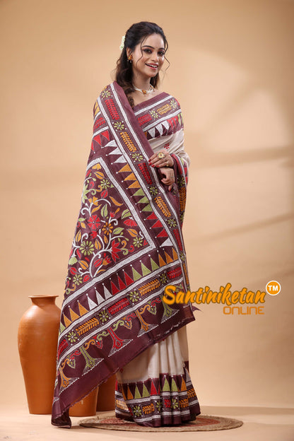 Pure Gachi Tussar Silk Kantha Stitch Saree