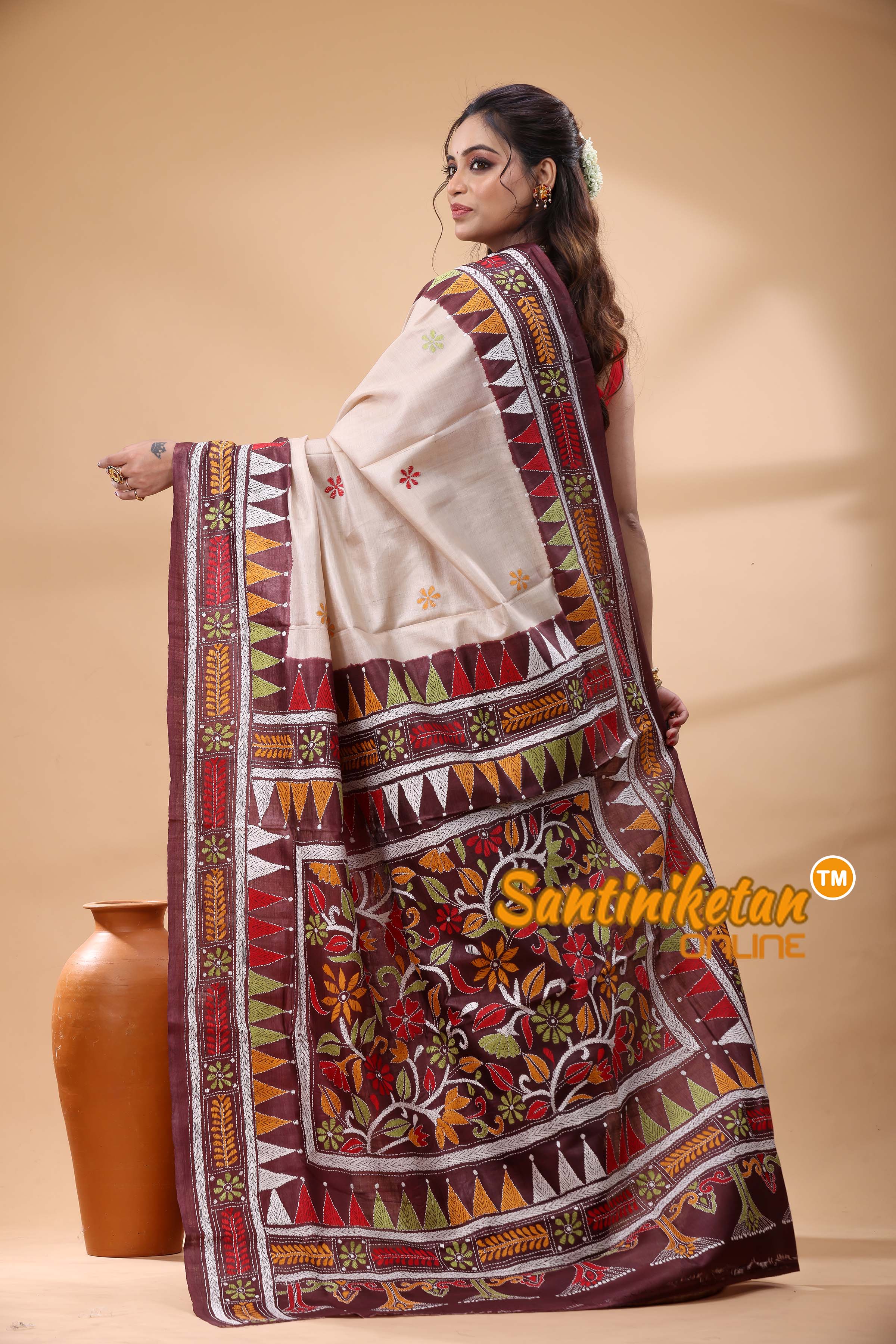 Pure Gachi Tussar Silk Kantha Stitch Saree