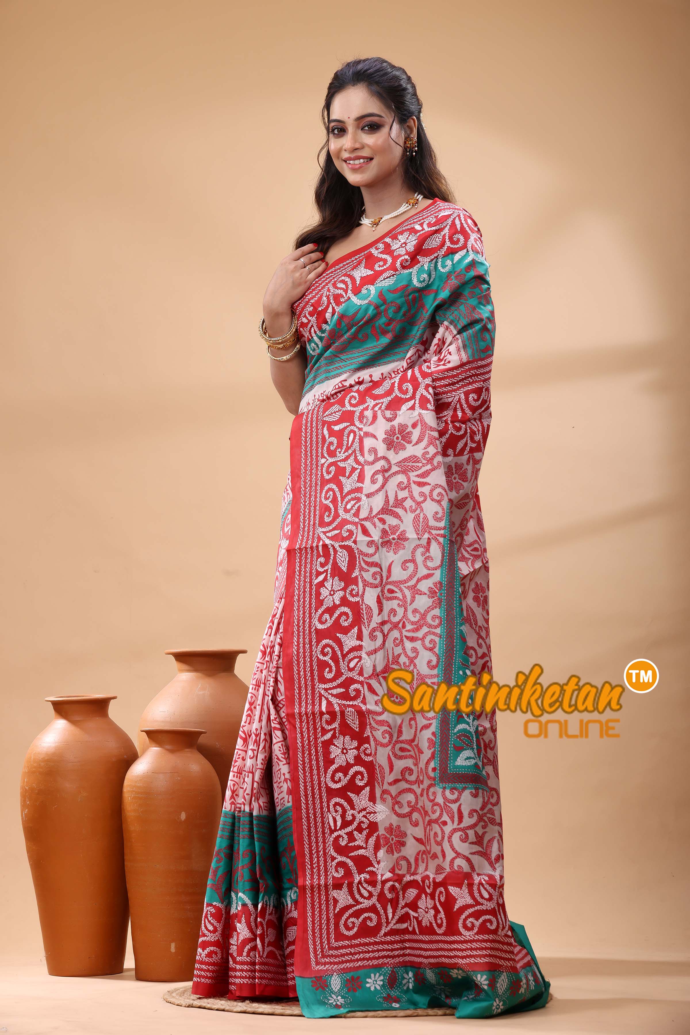 Pure Bangalore Silk Kantha Stitch Saree