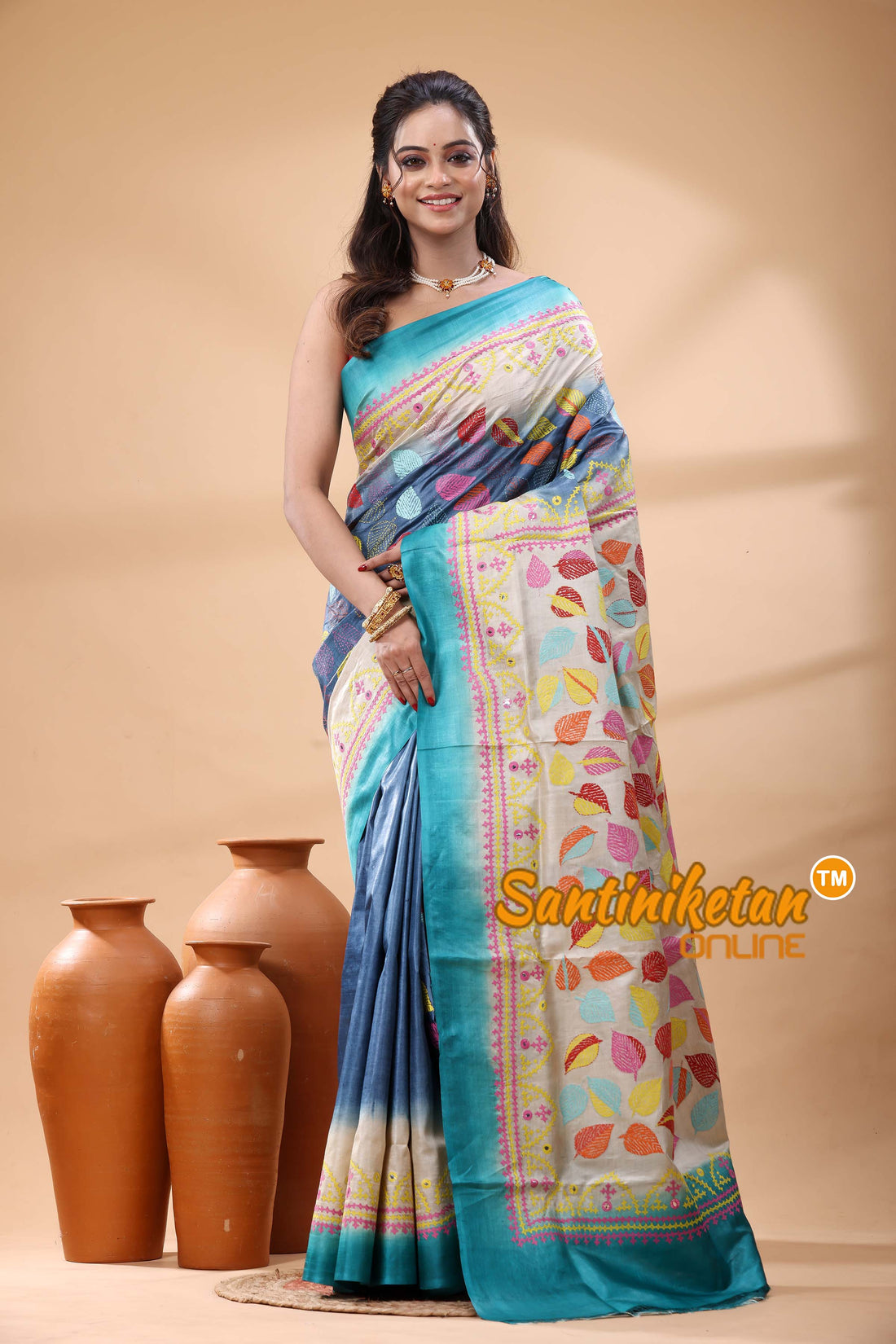 Pure Gachi Dye Tussar Silk Kantha and Gujrati Stitch Saree