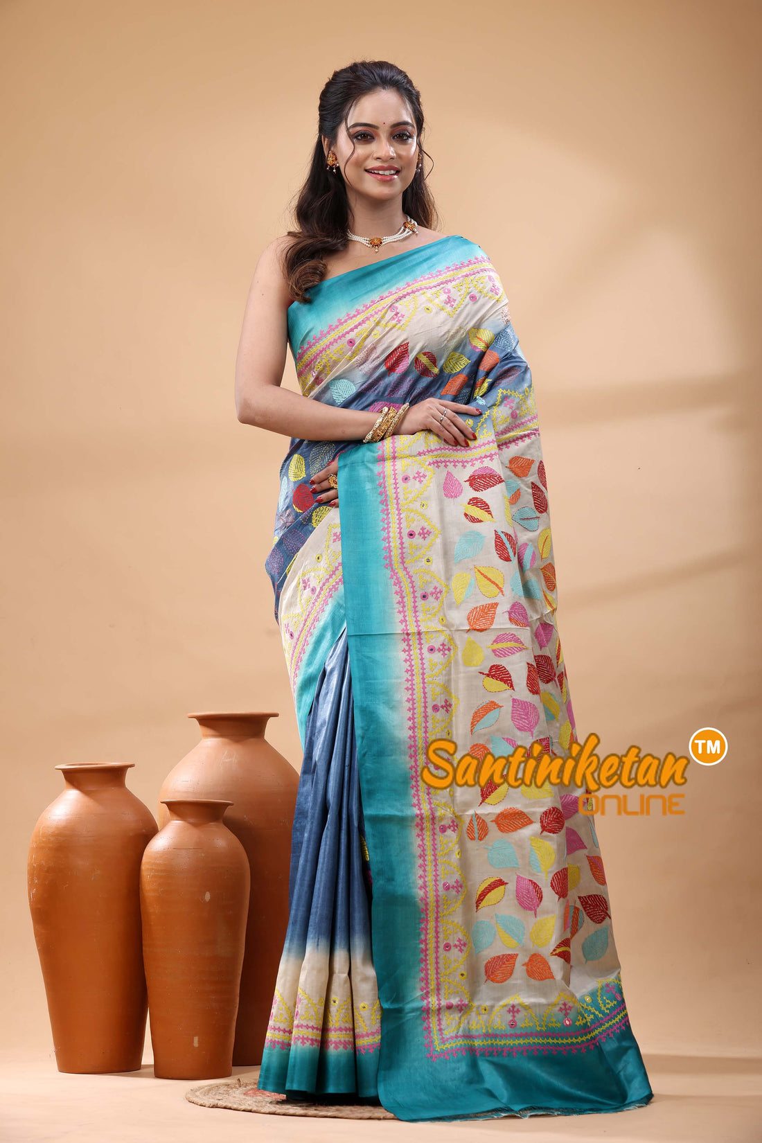 Pure Gachi Dye Tussar Silk Kantha and Gujrati Stitch Saree