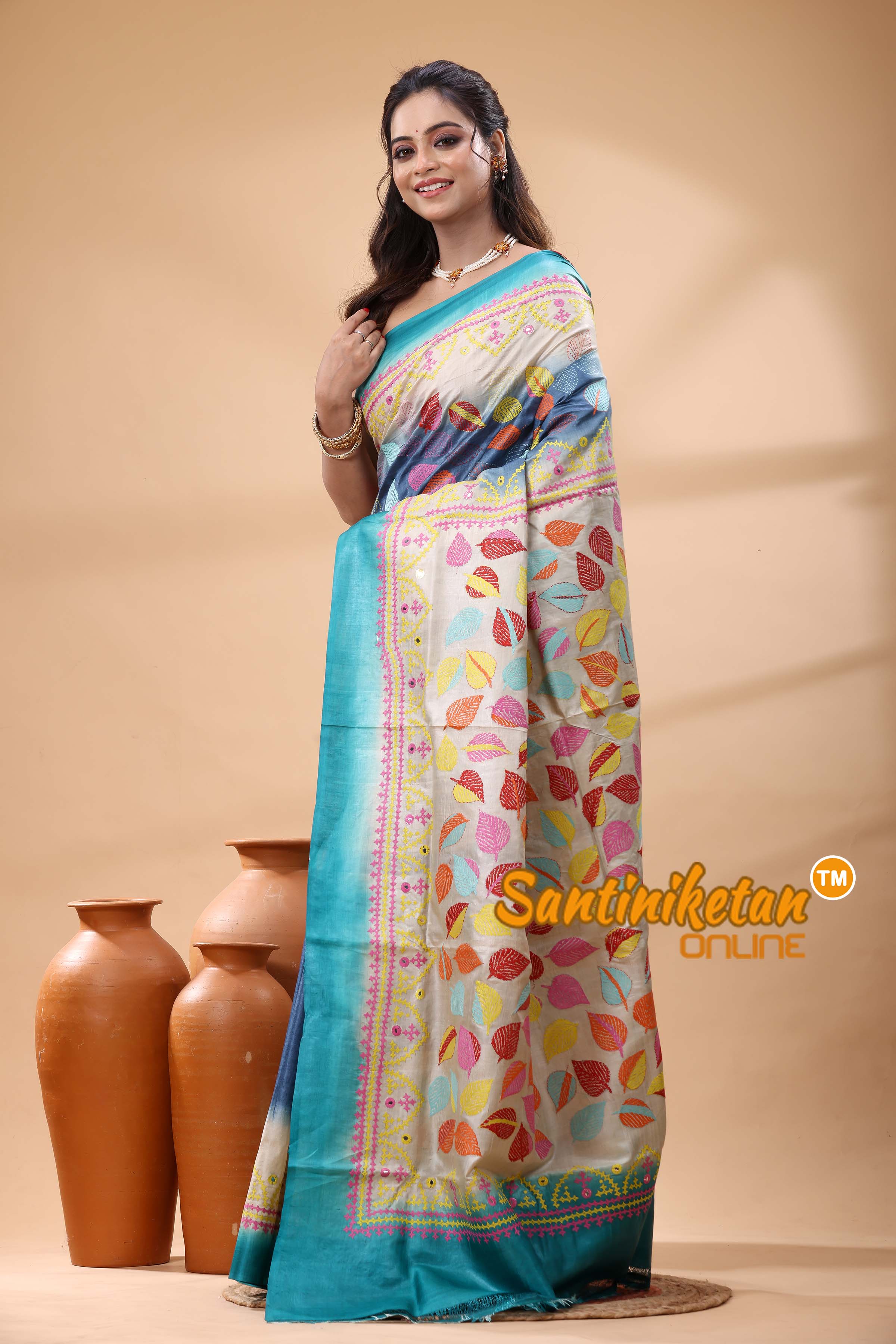 Pure Gachi Dye Tussar Silk Kantha and Gujrati Stitch Saree