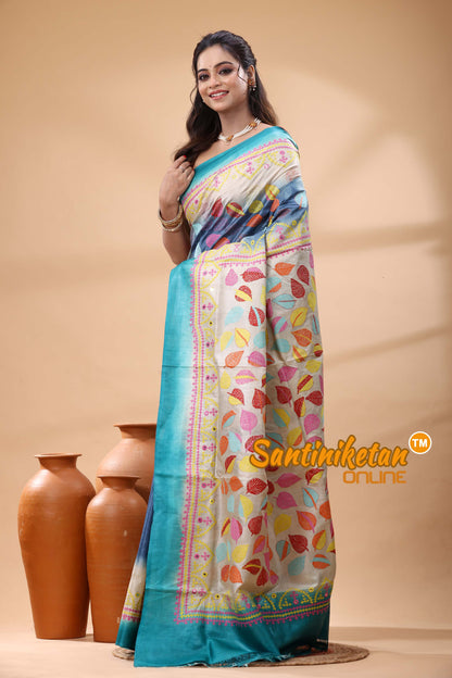 Pure Gachi Dye Tussar Silk Kantha and Gujrati Stitch Saree