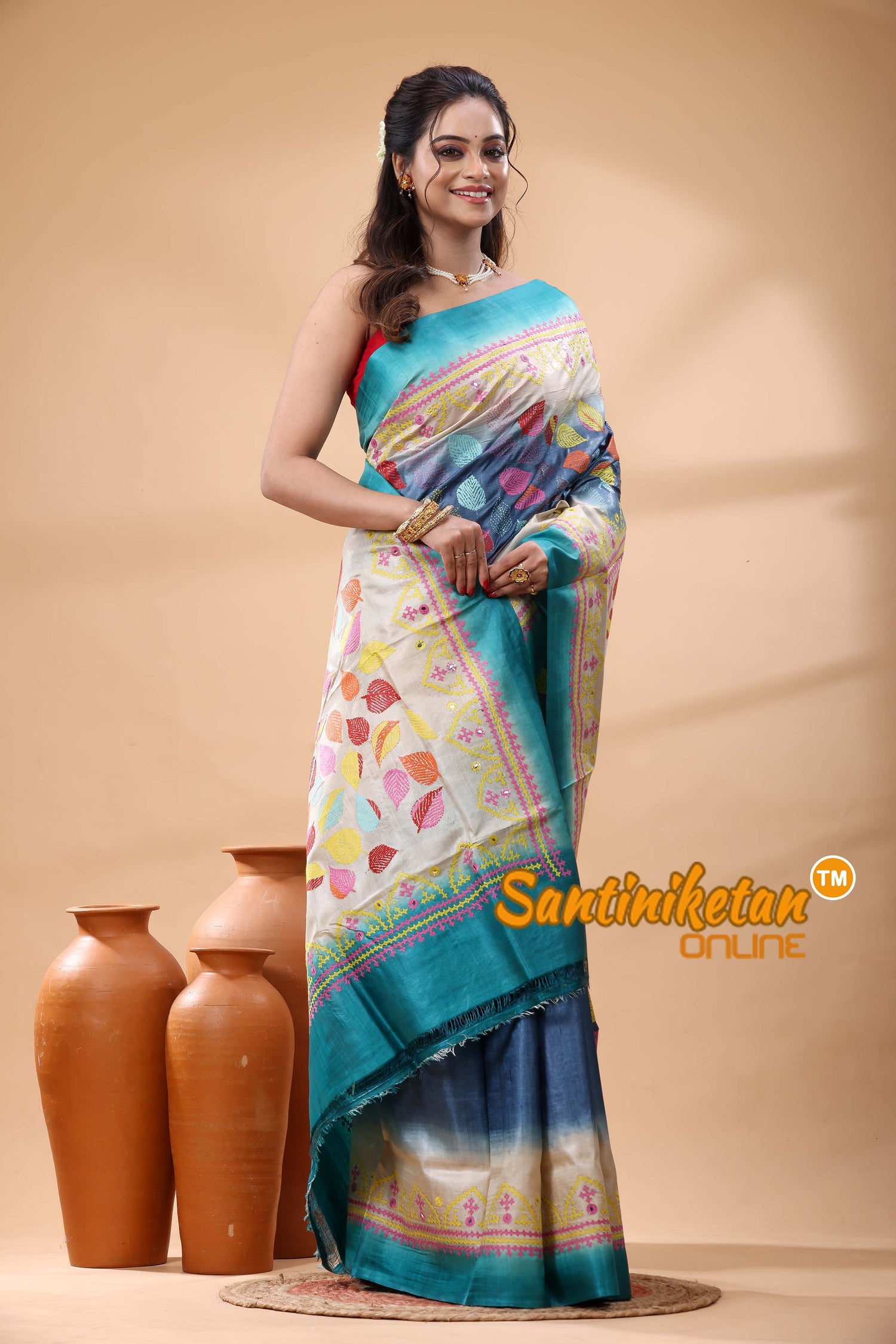 Pure Gachi Dye Tussar Silk Kantha and Gujrati Stitch Saree