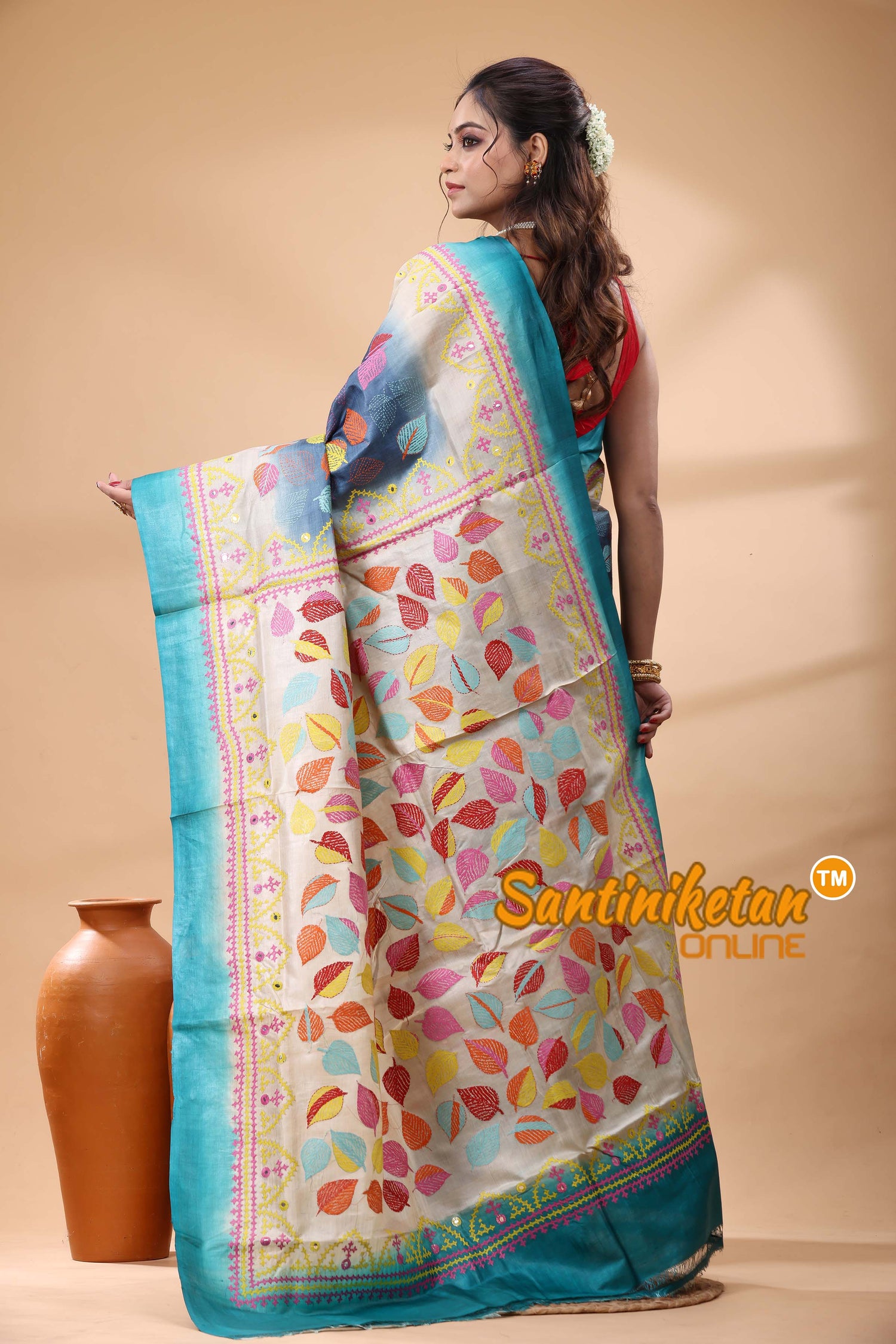 Pure Gachi Dye Tussar Silk Kantha and Gujrati Stitch Saree