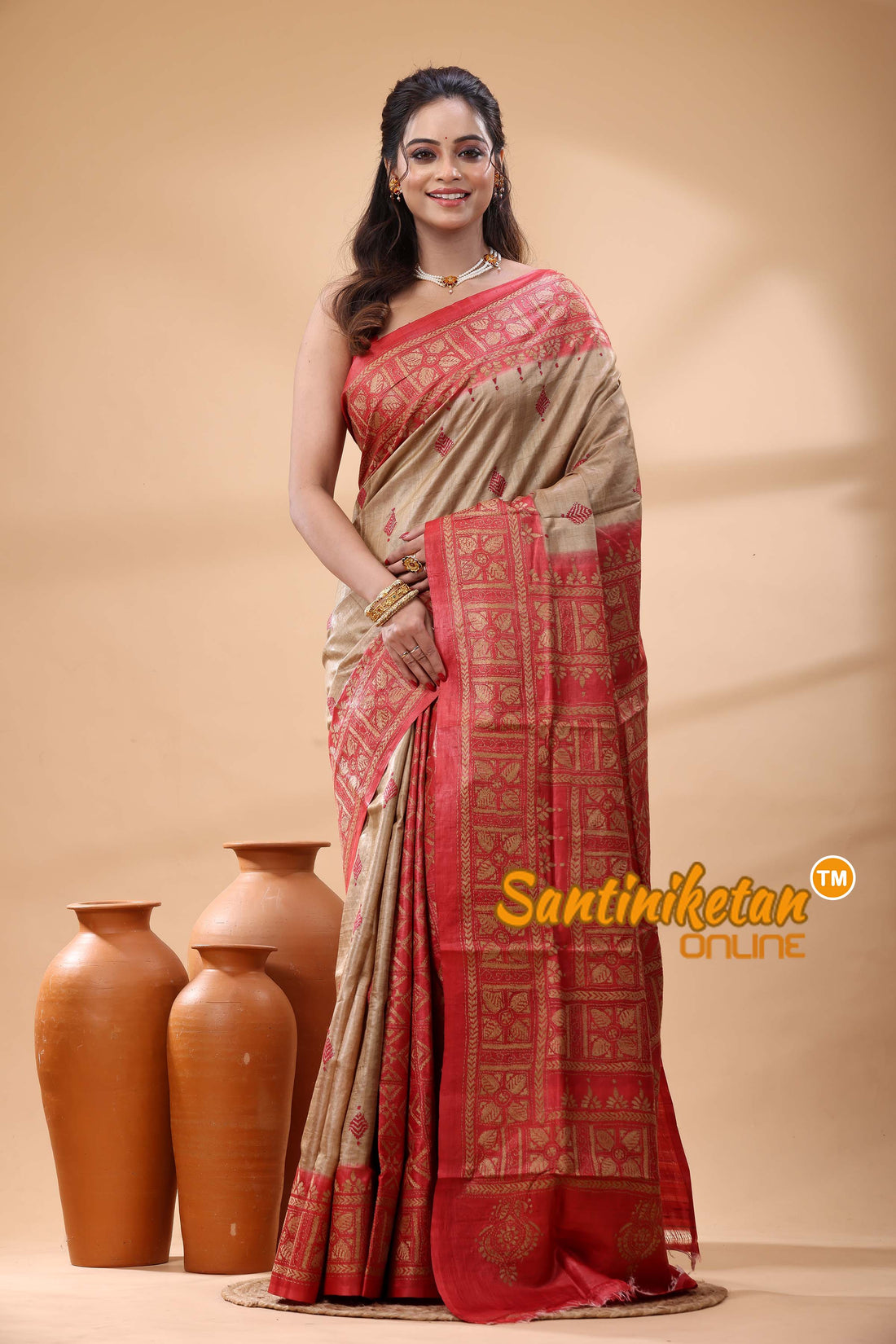 Pure Gachi Dye Tussar Silk Kantha Stitch Saree