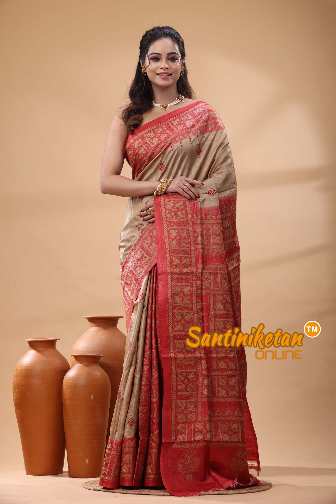 Pure Gachi Dye Tussar Silk Kantha Stitch Saree