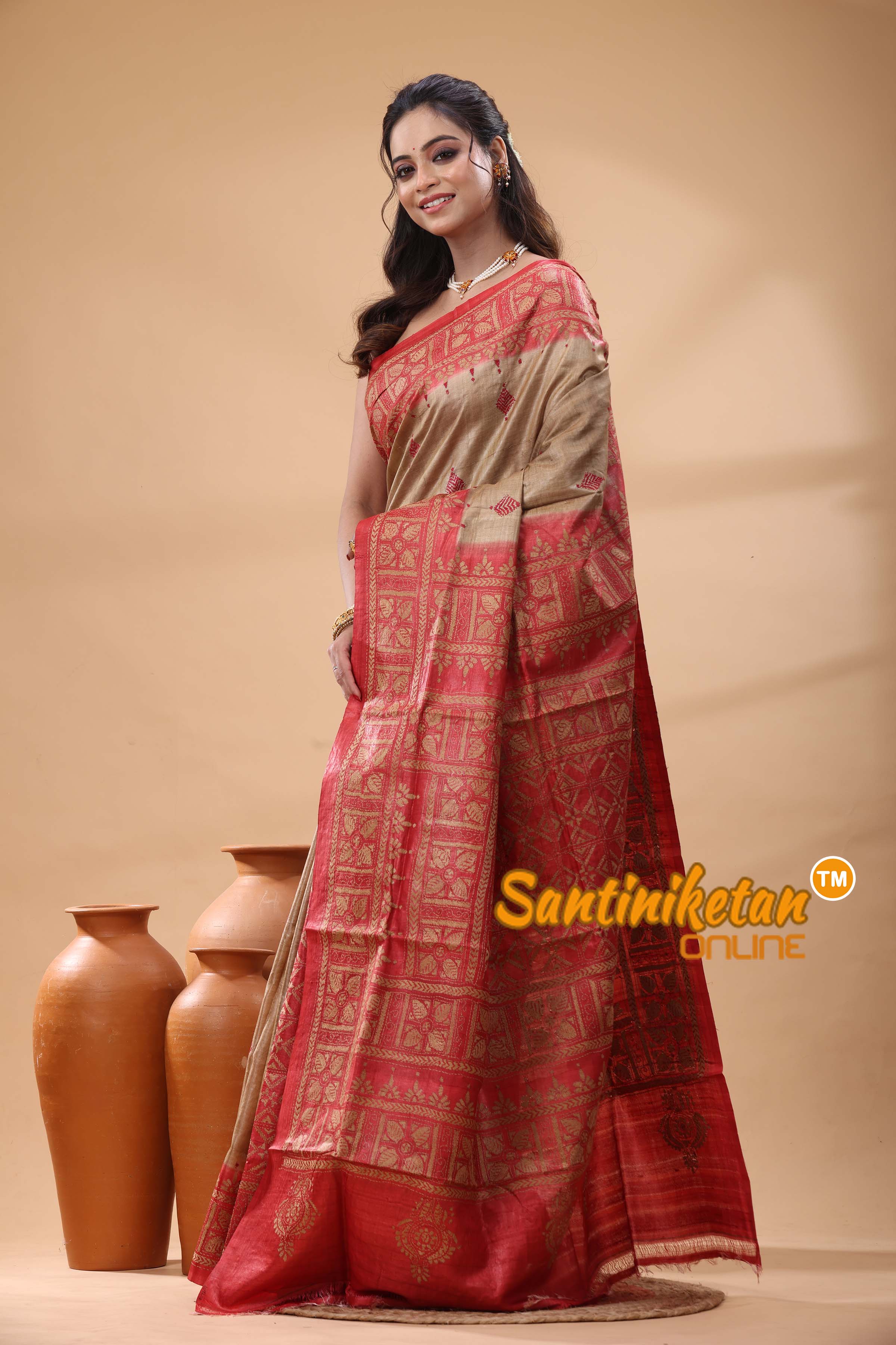 Pure Gachi Dye Tussar Silk Kantha Stitch Saree