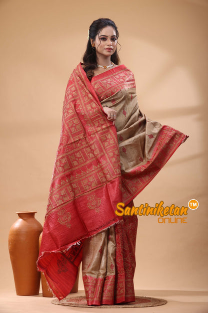Pure Gachi Dye Tussar Silk Kantha Stitch Saree